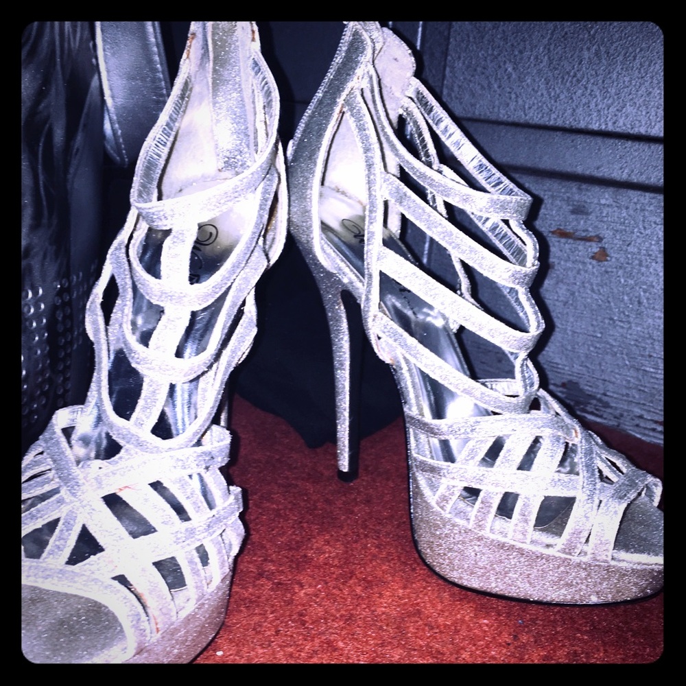 Silver Strappy Peep Toe Heels